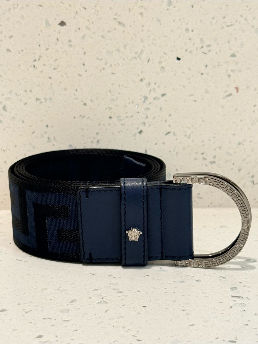 Authentic Versace Dark Blue 'La Greca' Jacquard D-Ring Belt